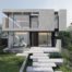 An architectural statement: strong lines and minimalist elegance define the Hampton Modern House." Description: A closer view of the facade emphasizes the sharp, bold lines of the modern aesthetic. With large glass windows, the exterior invites light to flow through the home while maintaining a sense of privacy through its thoughtful design.