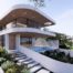 Outdoor courtyard with built-in firepit and curved overhang in Mount Martha house